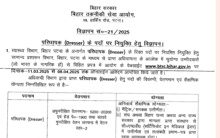 BTSC Bihar Dresser Recruitment 2025