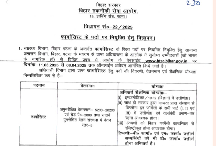 BTSC Bihar Pharmacist Vacancy 2025